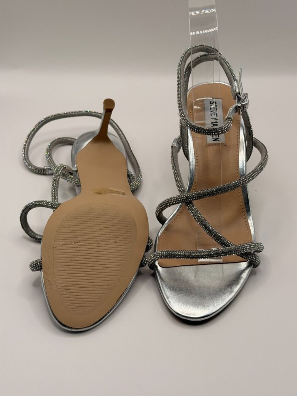 Steve Madden Womens Rexha Rhinestone Steap Silver High Heel Sandal Sz 7 - Picture 8 of 8